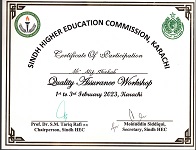 Senior Manager IR/QEC and Manager IR/QEC attended a 3-day Quality Assurance workshop conducted by Sindh HEC on February 1st - 3rd, 2023. The workshop was specially designed for QA professionals of Sindh aiming to produce trained Institutional Programme Reviewers. The keynote trainers from Academia ascertained that HEC is striving to improve the quality of higher education and research; it is of absolute priority that Universities and Degree Awarding Institutes adopt international standards and best practices to achieve the highest quality in education and transparency is the key to achieving this.